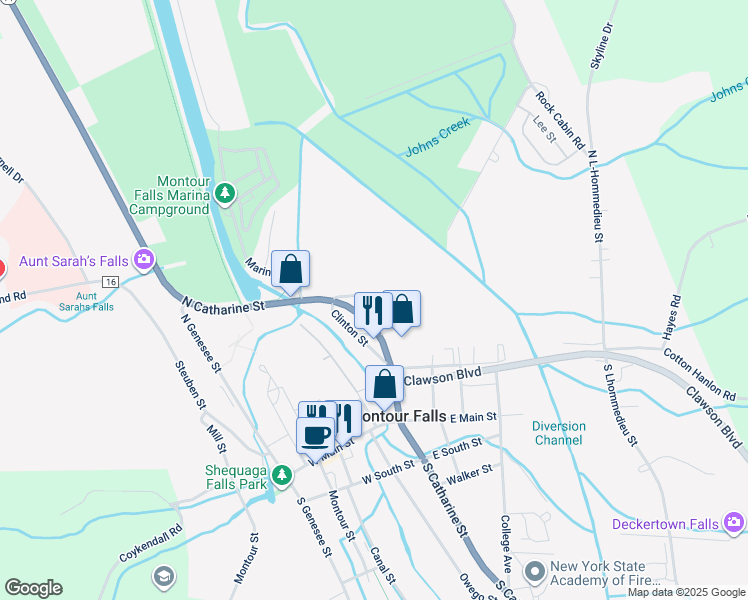 map of restaurants, bars, coffee shops, grocery stores, and more near 123 Ayers Street in Montour Falls