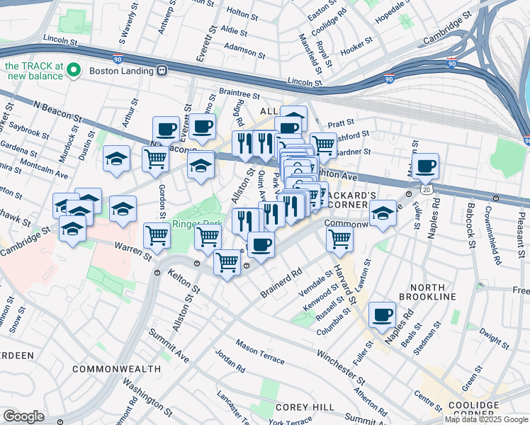 map of restaurants, bars, coffee shops, grocery stores, and more near 17 Radcliffe Road in Boston