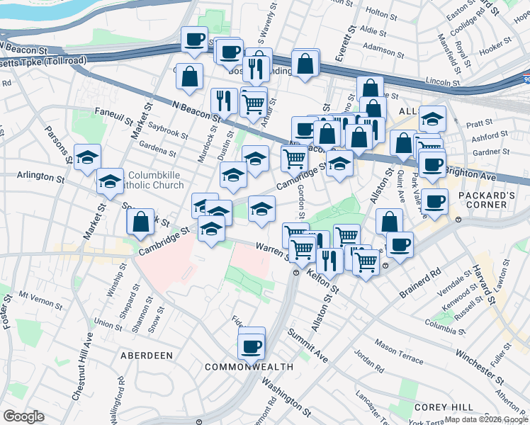 map of restaurants, bars, coffee shops, grocery stores, and more near 40B Ridgemont Street in Boston