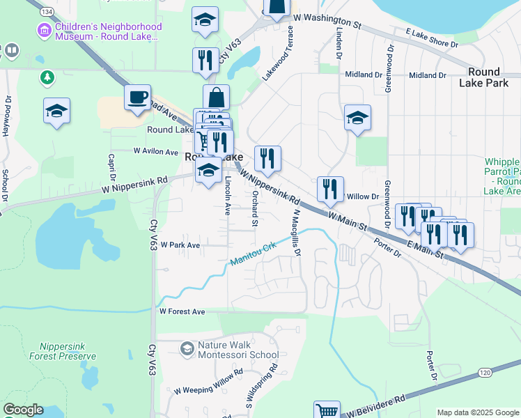 map of restaurants, bars, coffee shops, grocery stores, and more near 113 Orchard Street in Round Lake