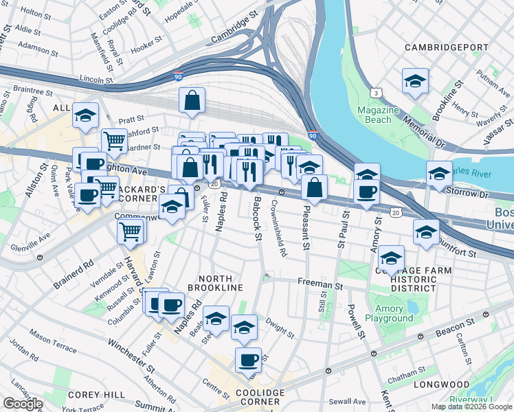 map of restaurants, bars, coffee shops, grocery stores, and more near 973 U.S. 20 in Boston