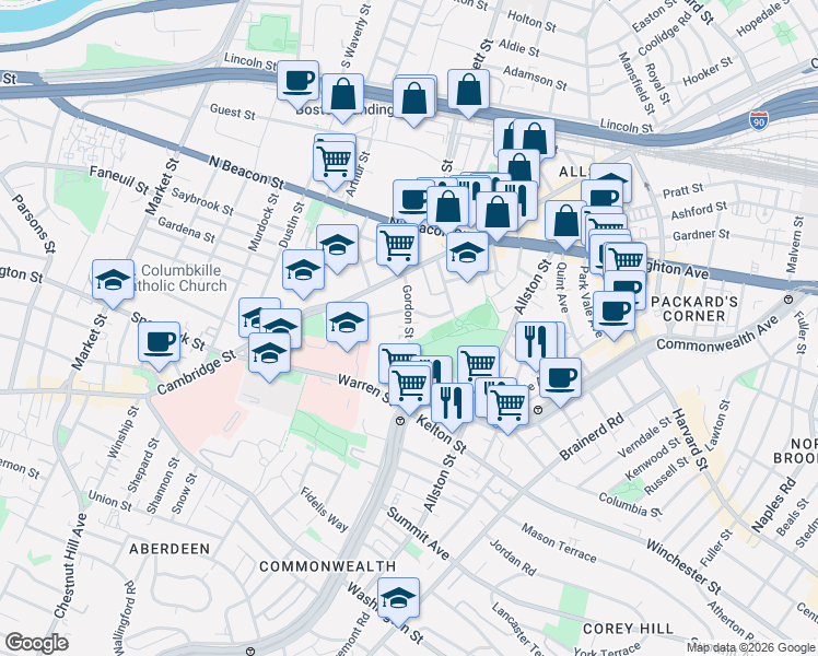 map of restaurants, bars, coffee shops, grocery stores, and more near 59 Gordon Street in Boston