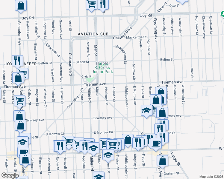 map of restaurants, bars, coffee shops, grocery stores, and more near 7920 Pinehurst Street in Dearborn