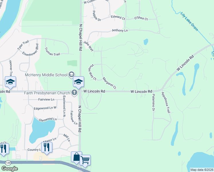 map of restaurants, bars, coffee shops, grocery stores, and more near 1815 Mason Corte in Lakemoor
