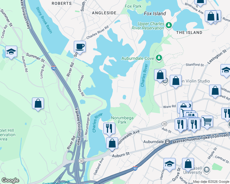 map of restaurants, bars, coffee shops, grocery stores, and more near 15 Malvern Terrace in Newton