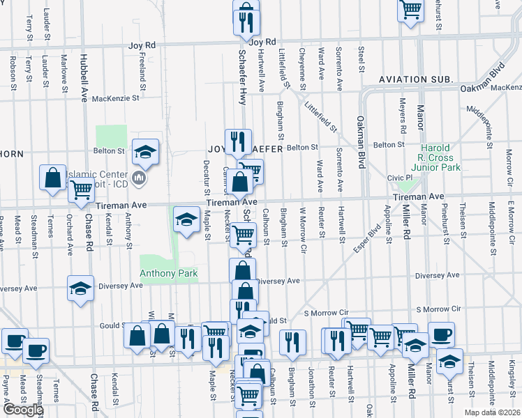 map of restaurants, bars, coffee shops, grocery stores, and more near 7941 Calhoun Street in Dearborn