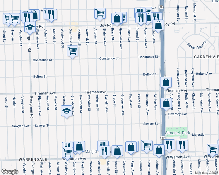 map of restaurants, bars, coffee shops, grocery stores, and more near 8026 Stahelin Avenue in Detroit