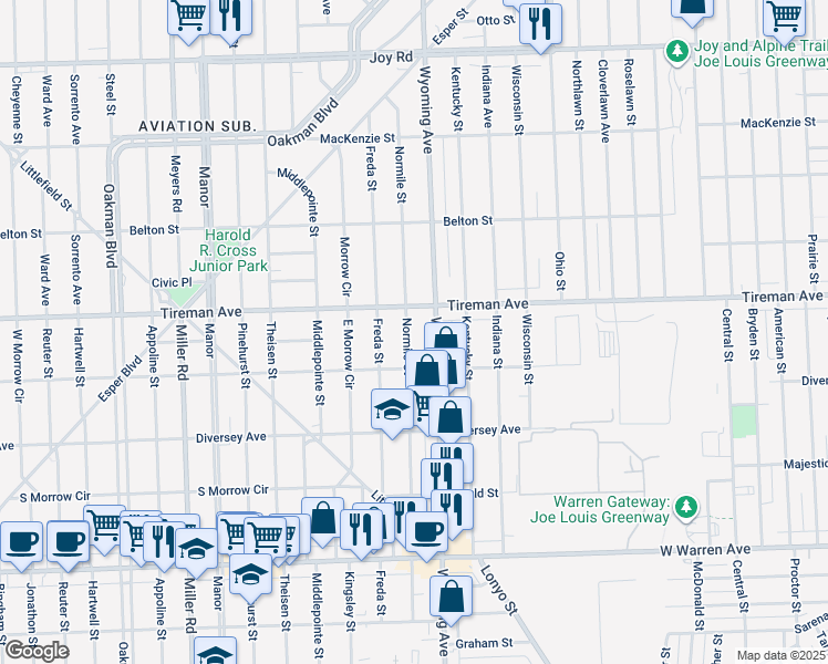 map of restaurants, bars, coffee shops, grocery stores, and more near 7910 Normile Street in Dearborn
