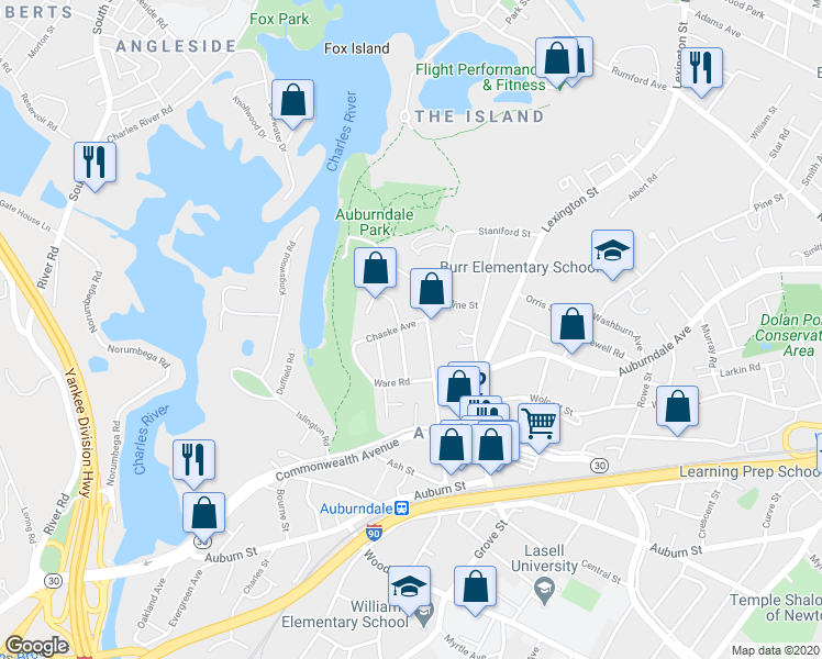 map of restaurants, bars, coffee shops, grocery stores, and more near 16 Chaske Avenue in Newton