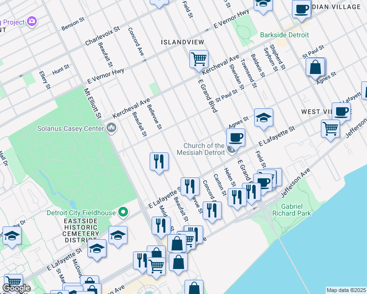 map of restaurants, bars, coffee shops, grocery stores, and more near 1157 Concord Avenue in Detroit