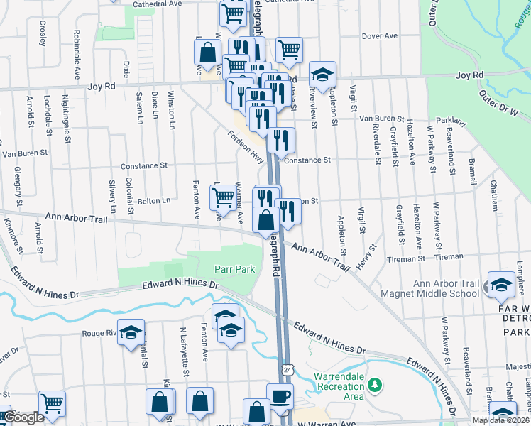 map of restaurants, bars, coffee shops, grocery stores, and more near 5730 North Telegraph Road in Dearborn Heights