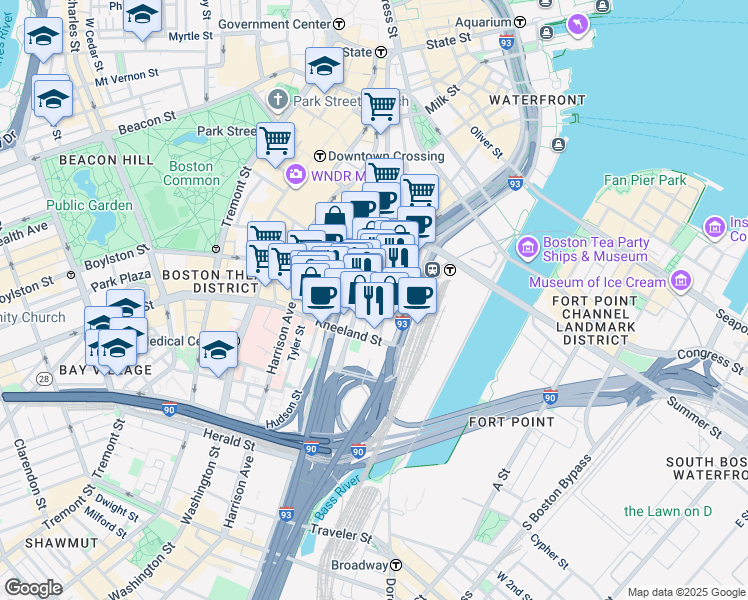 map of restaurants, bars, coffee shops, grocery stores, and more near in Boston