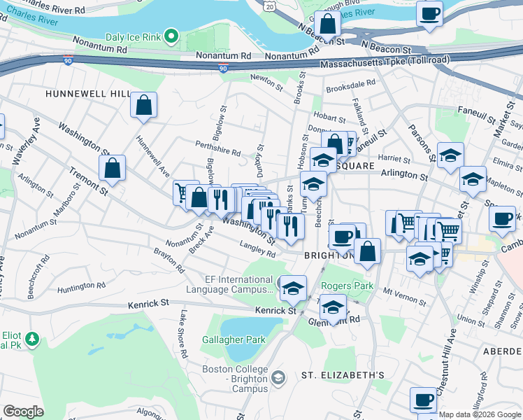 map of restaurants, bars, coffee shops, grocery stores, and more near 25-27 Montfern Avenue in Boston