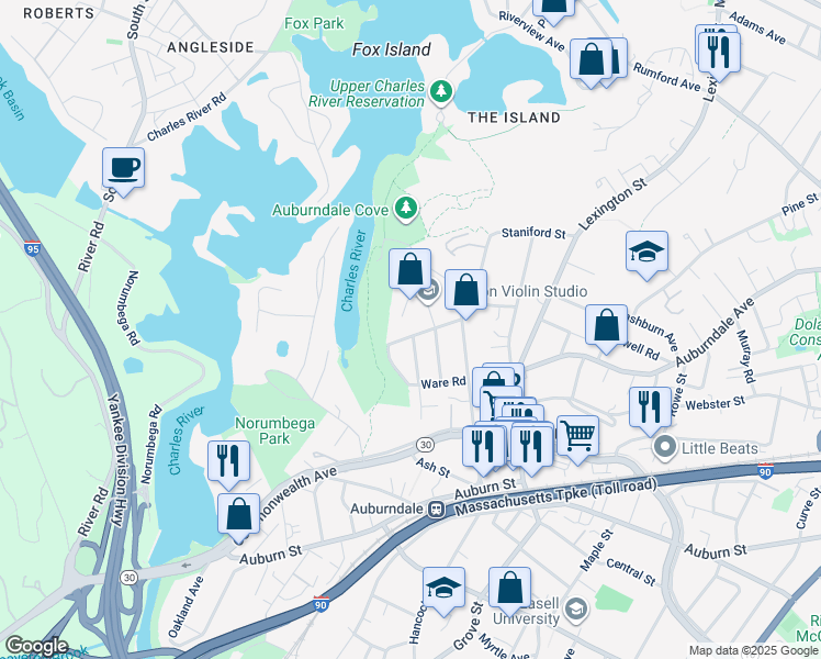 map of restaurants, bars, coffee shops, grocery stores, and more near 41 Chaske Avenue in Newton