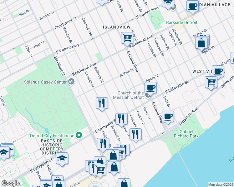 map of restaurants, bars, coffee shops, grocery stores, and more near 1157 Concord Avenue in Detroit