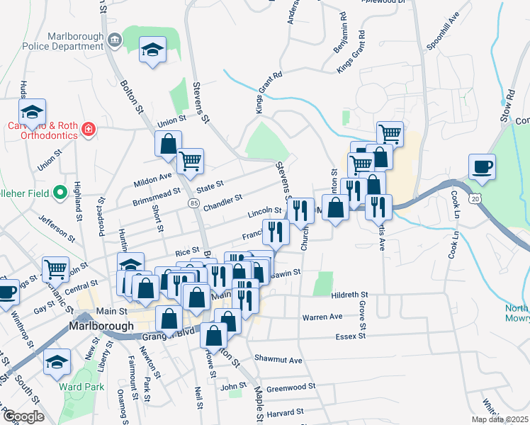 map of restaurants, bars, coffee shops, grocery stores, and more near 34 Lincoln Street in Marlborough