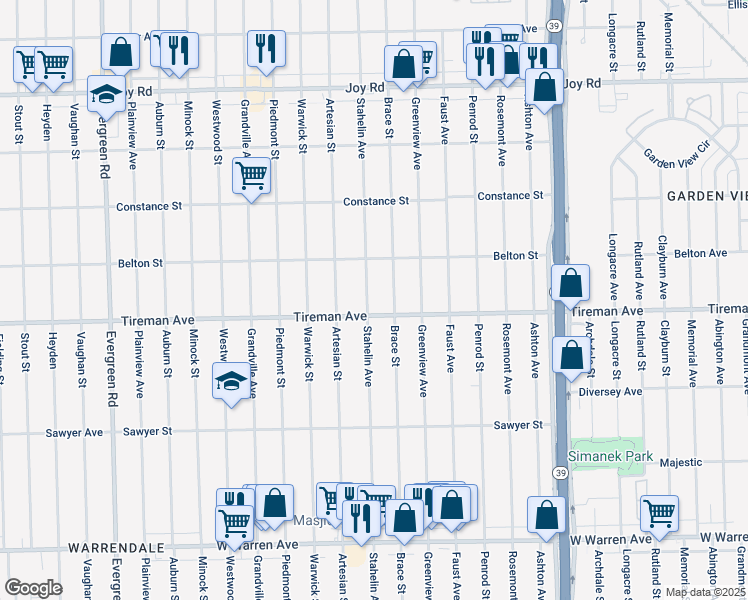 map of restaurants, bars, coffee shops, grocery stores, and more near 8026 Stahelin Avenue in Detroit