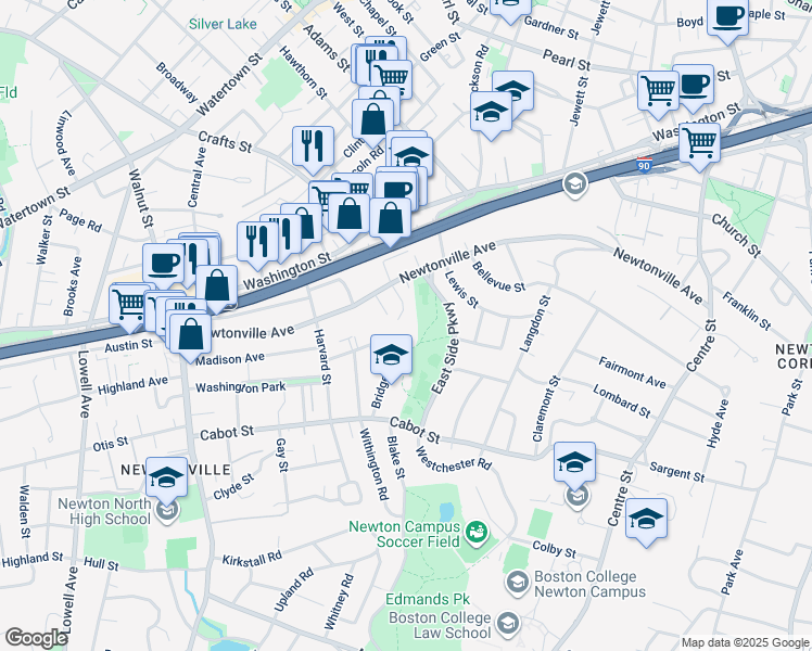 map of restaurants, bars, coffee shops, grocery stores, and more near 280 Newtonville Avenue in Newton