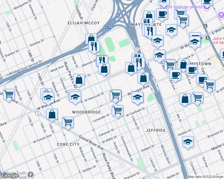 map of restaurants, bars, coffee shops, grocery stores, and more near Trumbull St & W Hancock St in Detroit