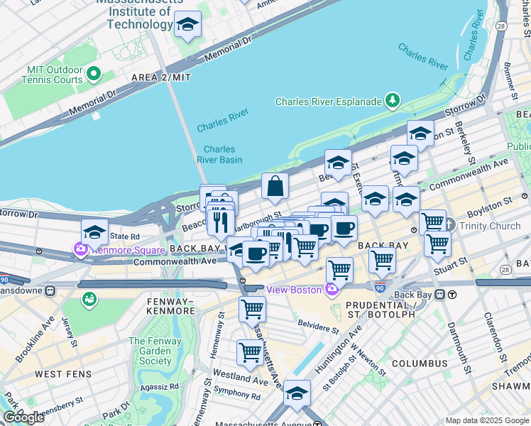 map of restaurants, bars, coffee shops, grocery stores, and more near 18 Hereford Street in Boston