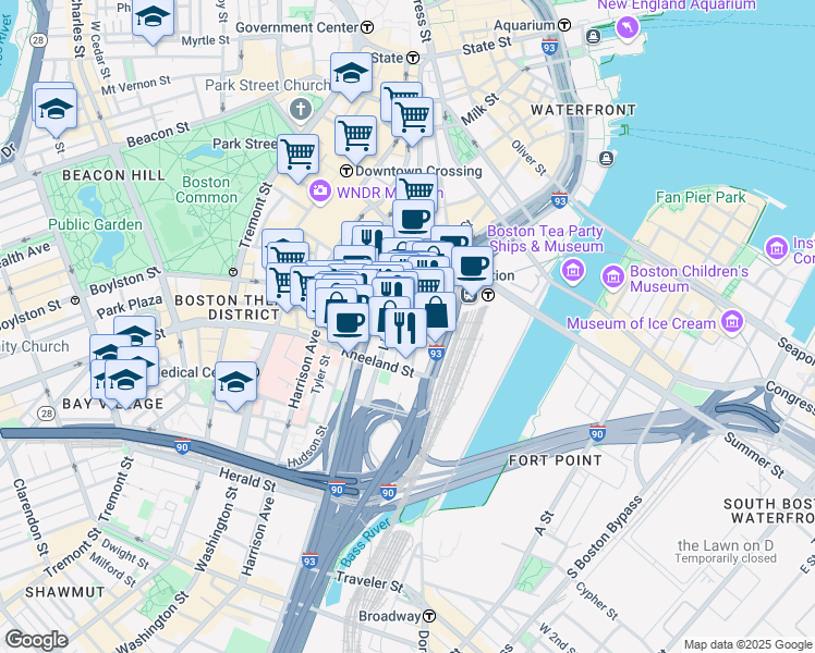 map of restaurants, bars, coffee shops, grocery stores, and more near in Boston