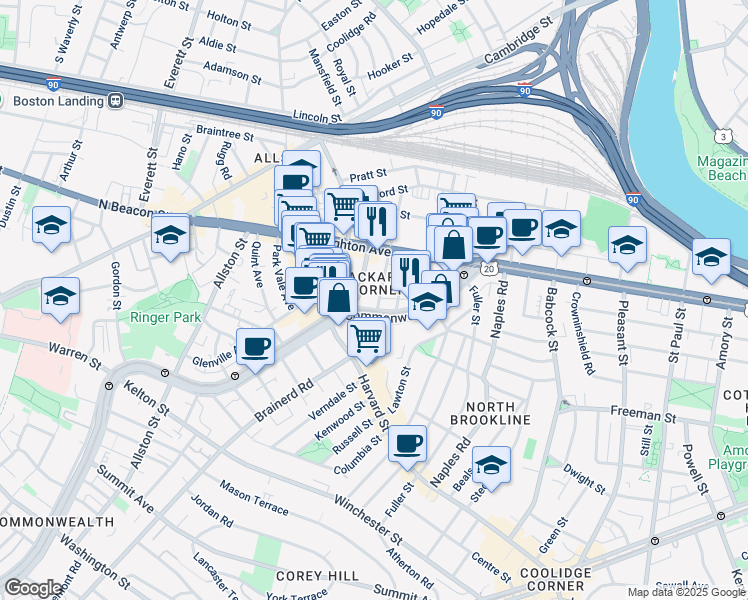 map of restaurants, bars, coffee shops, grocery stores, and more near 11 Chester Street in Boston