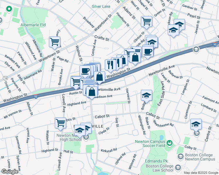 map of restaurants, bars, coffee shops, grocery stores, and more near 403 Newtonville Avenue in Newton
