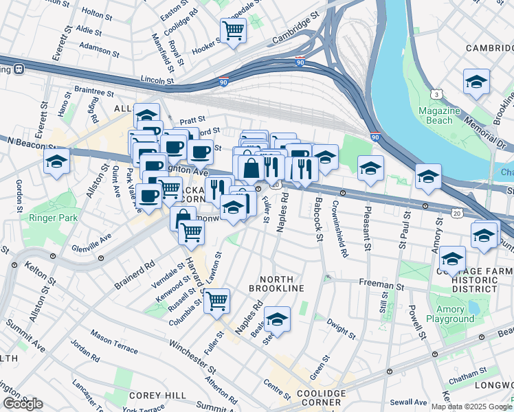 map of restaurants, bars, coffee shops, grocery stores, and more near 1120 Commonwealth Avenue in Allston