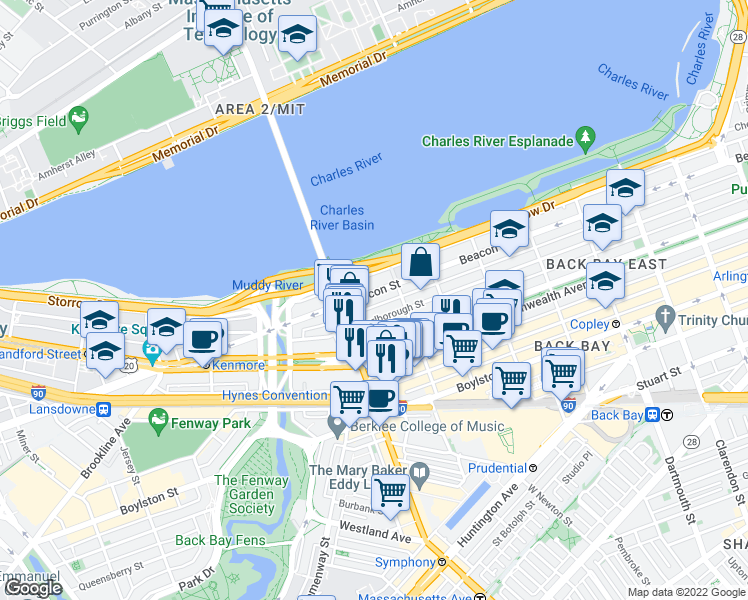 map of restaurants, bars, coffee shops, grocery stores, and more near 457 Beacon Street in Boston