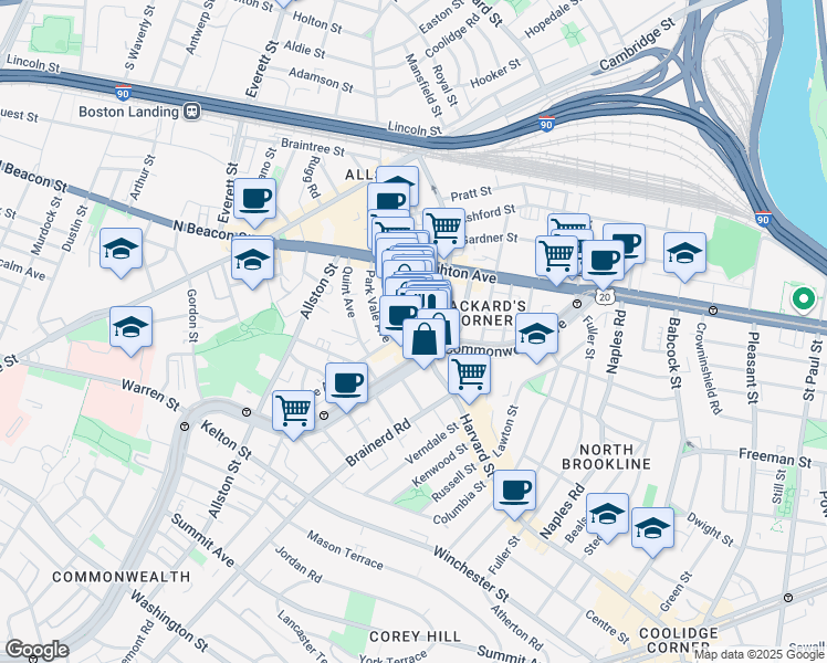 map of restaurants, bars, coffee shops, grocery stores, and more near 183c Harvard Avenue in Boston