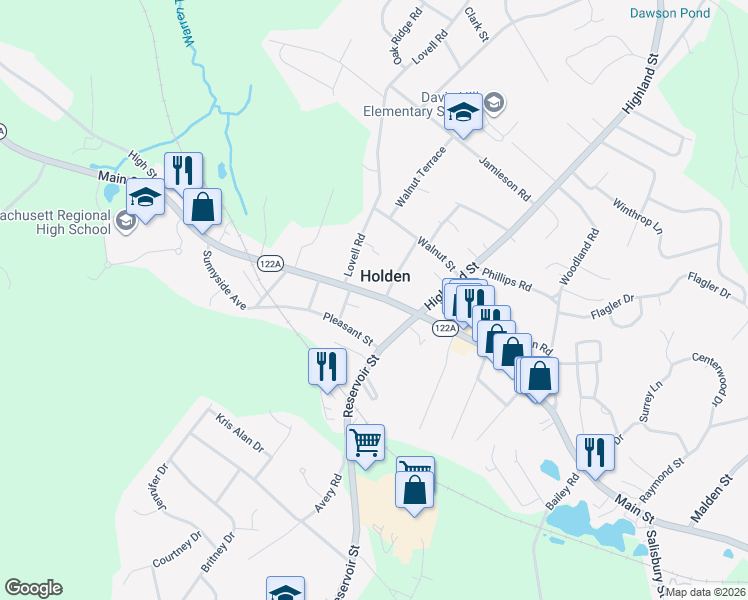 map of restaurants, bars, coffee shops, grocery stores, and more near 1217 Main Street in Holden