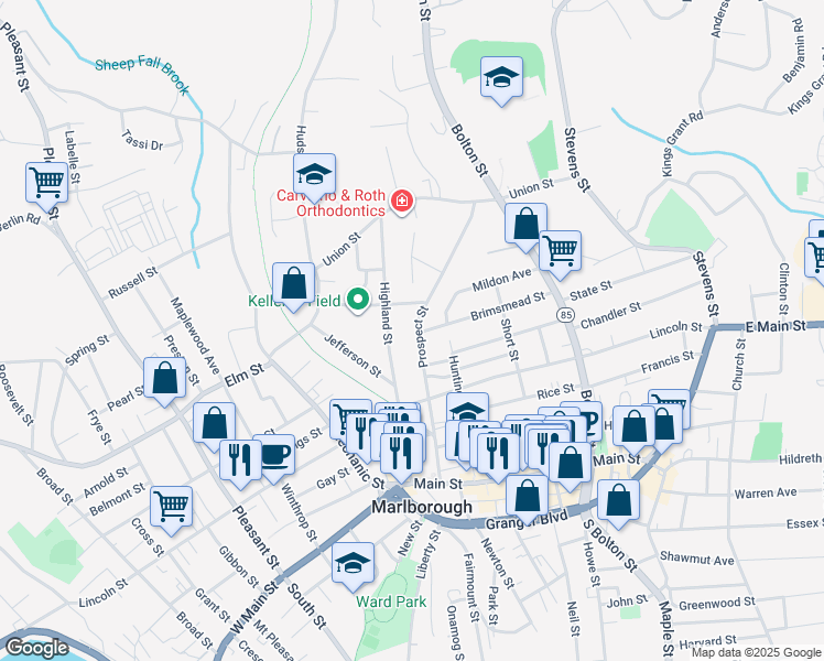 map of restaurants, bars, coffee shops, grocery stores, and more near 132 Prospect Street in Marlborough