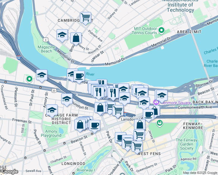 map of restaurants, bars, coffee shops, grocery stores, and more near 250 Bay State Road in Boston
