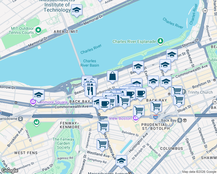 map of restaurants, bars, coffee shops, grocery stores, and more near 18 Hereford Street in Boston