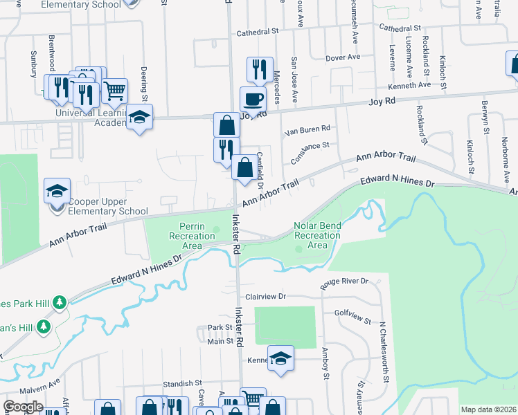 map of restaurants, bars, coffee shops, grocery stores, and more near 27151 Ann Arbor Trail in Dearborn Heights