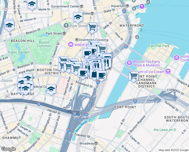 map of restaurants, bars, coffee shops, grocery stores, and more near 711 Atlantic Avenue in Boston