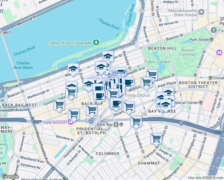 map of restaurants, bars, coffee shops, grocery stores, and more near 130B Newbury Street in Boston