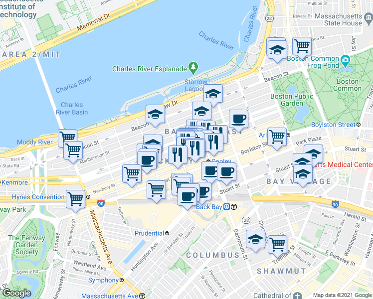 map of restaurants, bars, coffee shops, grocery stores, and more near 176 Newbury Street in Boston