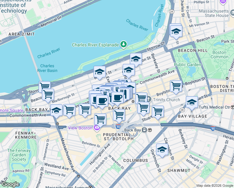 map of restaurants, bars, coffee shops, grocery stores, and more near 196 Massachusetts 2 in Boston