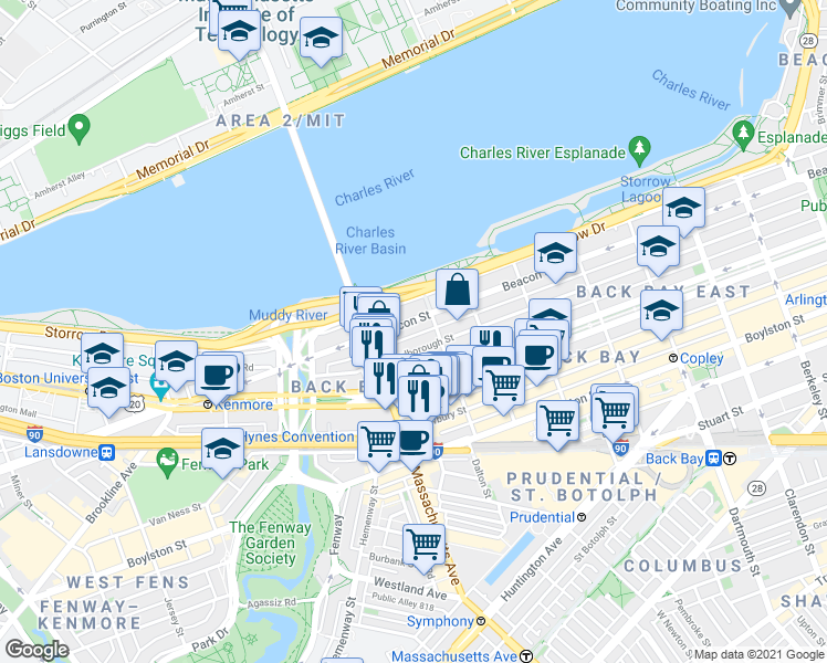 map of restaurants, bars, coffee shops, grocery stores, and more near 457 Beacon Street in Boston