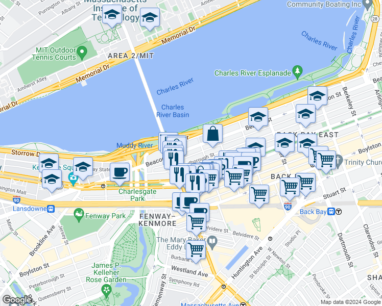 map of restaurants, bars, coffee shops, grocery stores, and more near 457 Beacon Street in Boston
