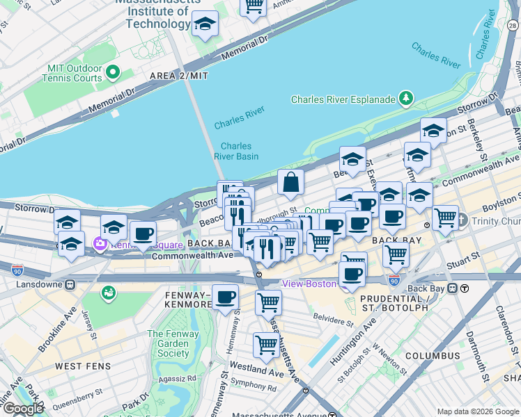 map of restaurants, bars, coffee shops, grocery stores, and more near 457 Beacon Street in Boston