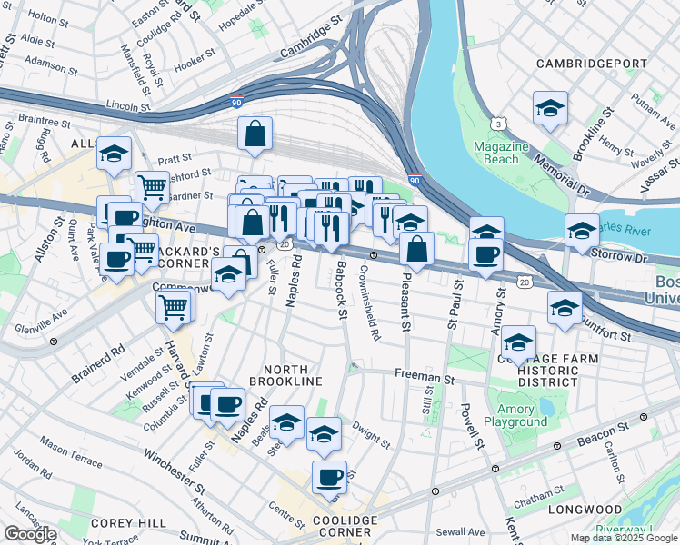 map of restaurants, bars, coffee shops, grocery stores, and more near 973 U.S. 20 in Boston