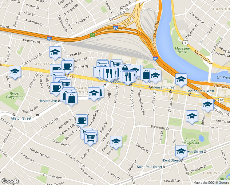 map of restaurants, bars, coffee shops, grocery stores, and more near 176 Naples Road in Brookline