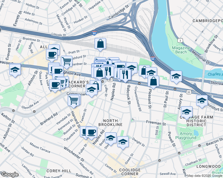 map of restaurants, bars, coffee shops, grocery stores, and more near 176 Naples Road in Brookline