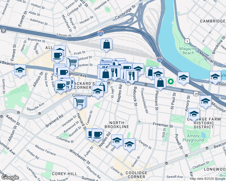 map of restaurants, bars, coffee shops, grocery stores, and more near 176 Naples Road in Brookline