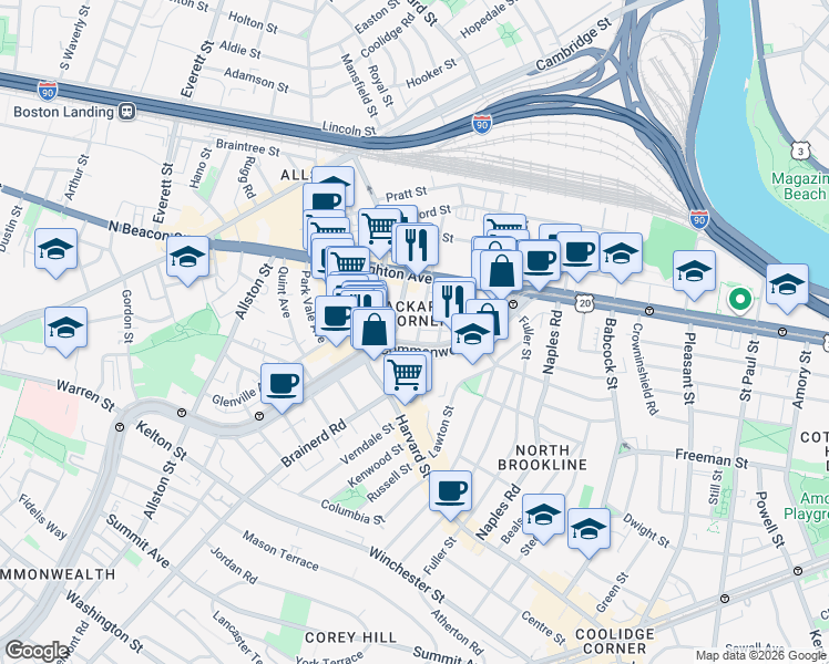 map of restaurants, bars, coffee shops, grocery stores, and more near 11 Chester Street in Boston