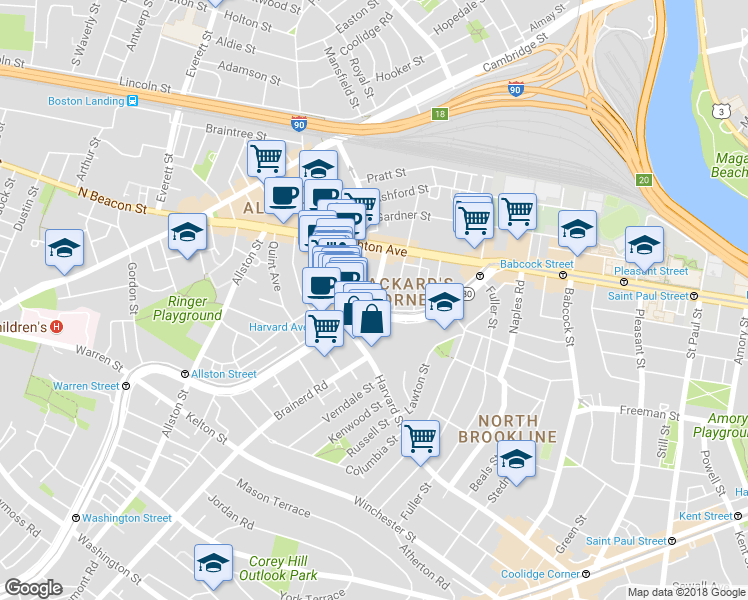 map of restaurants, bars, coffee shops, grocery stores, and more near 1197 Commonwealth Avenue in Boston