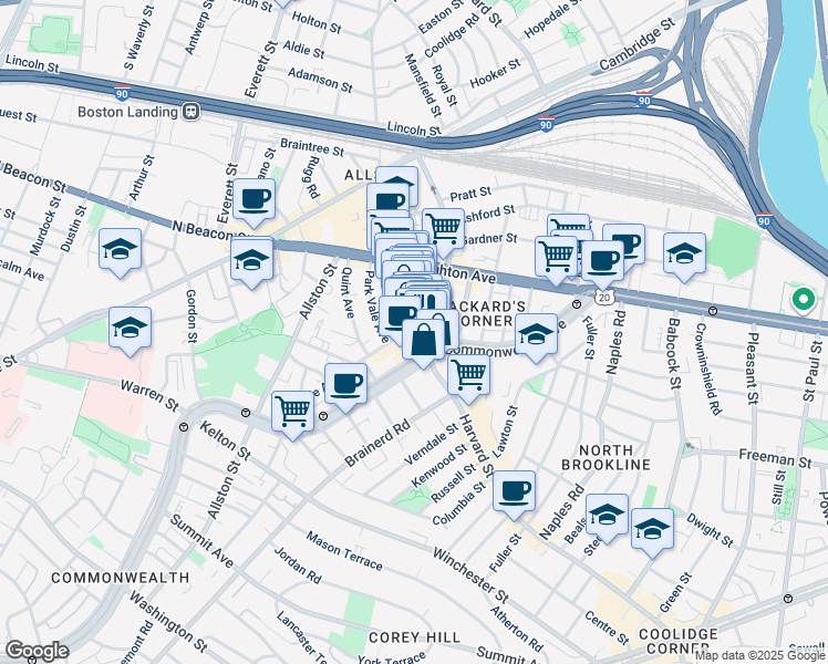 map of restaurants, bars, coffee shops, grocery stores, and more near 1245 Commonwealth Avenue in Boston