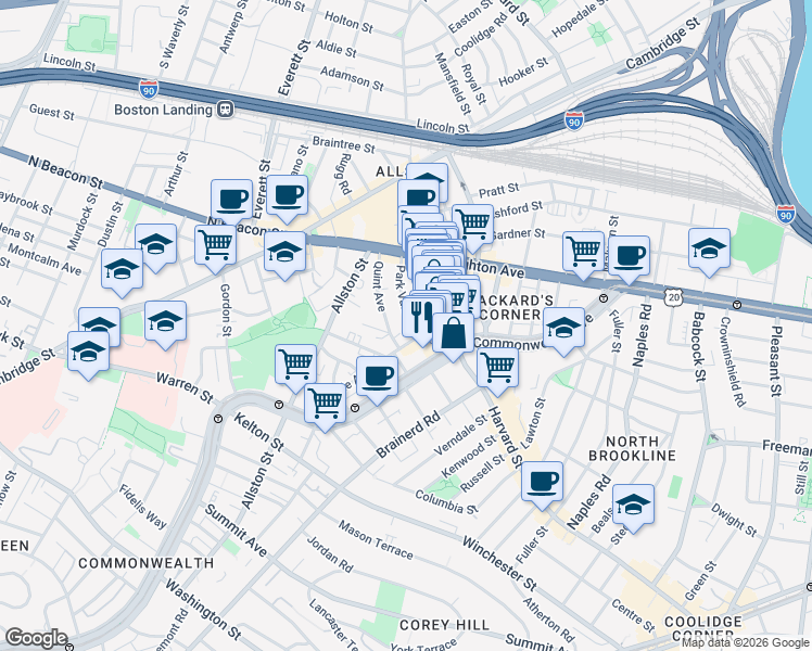 map of restaurants, bars, coffee shops, grocery stores, and more near 10-14 Park Vale Avenue in Boston